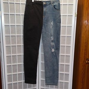 SPLIT PERSONALITY JEANS;SIZE 32” waist, blue distressed & black jeans